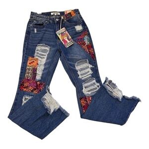 Boho vintage medium wash patchwork ultra distressed frayed hem jeans size 11 new